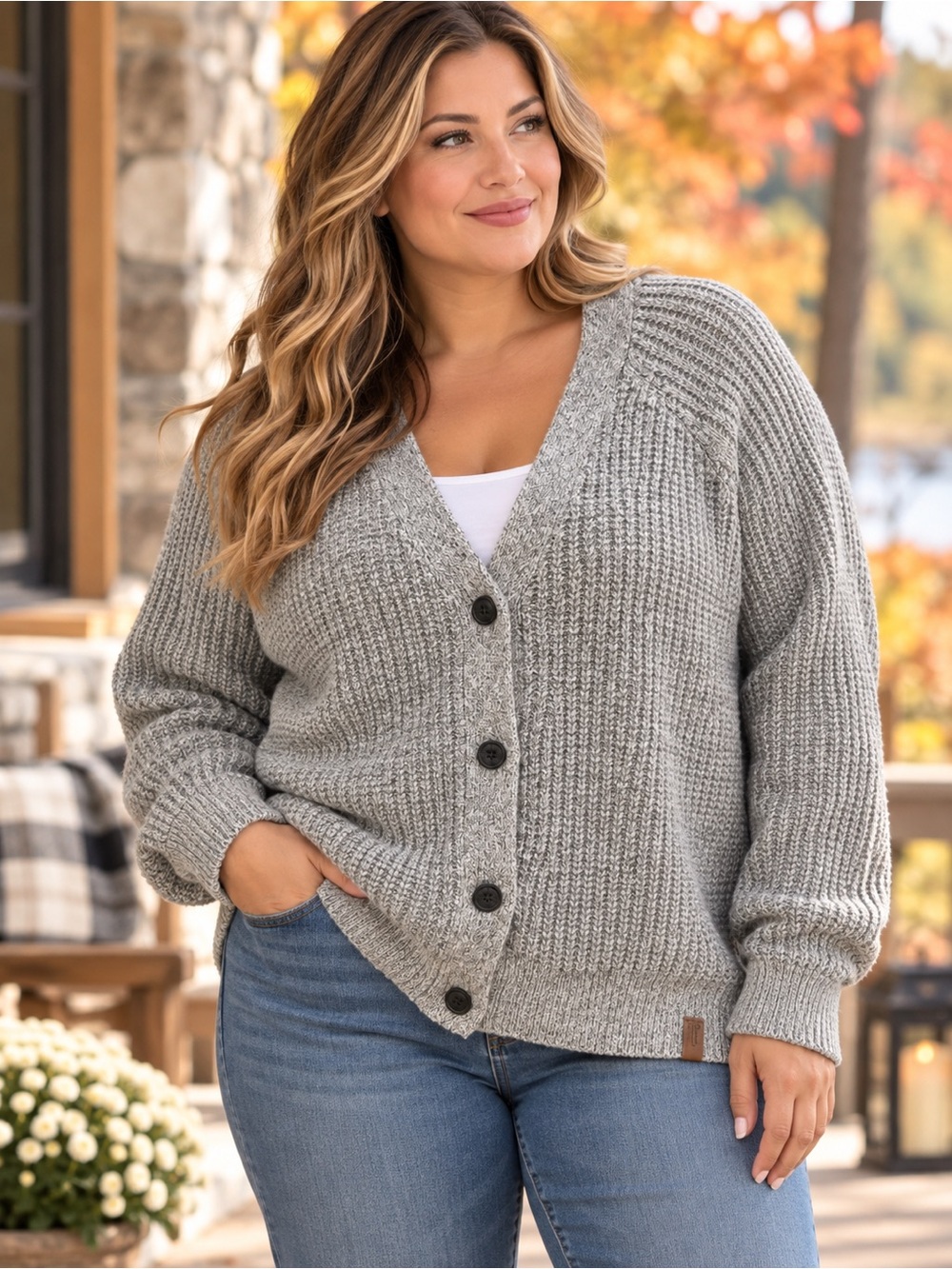 Roots XXL Cable Knit Cardigan - Light Heather Grey